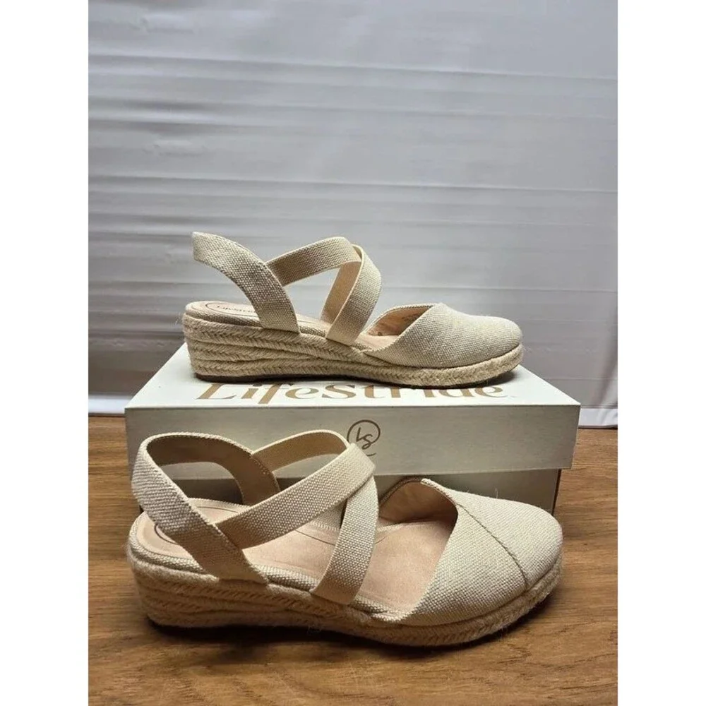 LifeStride Cream Kimball Espadrille Wedge Sandals - Size 9W